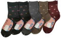 婦人靴下　毛混　花柄ボーダー　クルーソックス