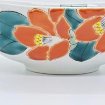 九谷焼楕円鉢／赤椿