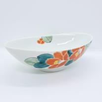 九谷焼楕円鉢／赤椿