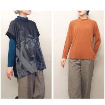 襟シアープリーツ　無地長袖Tシャツ