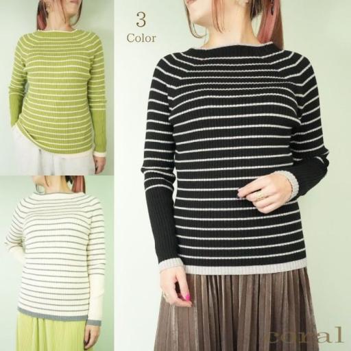 【SALE】★冬物★リブボーダーとボートネックで女性らしく着こなす ニットプルオーバー