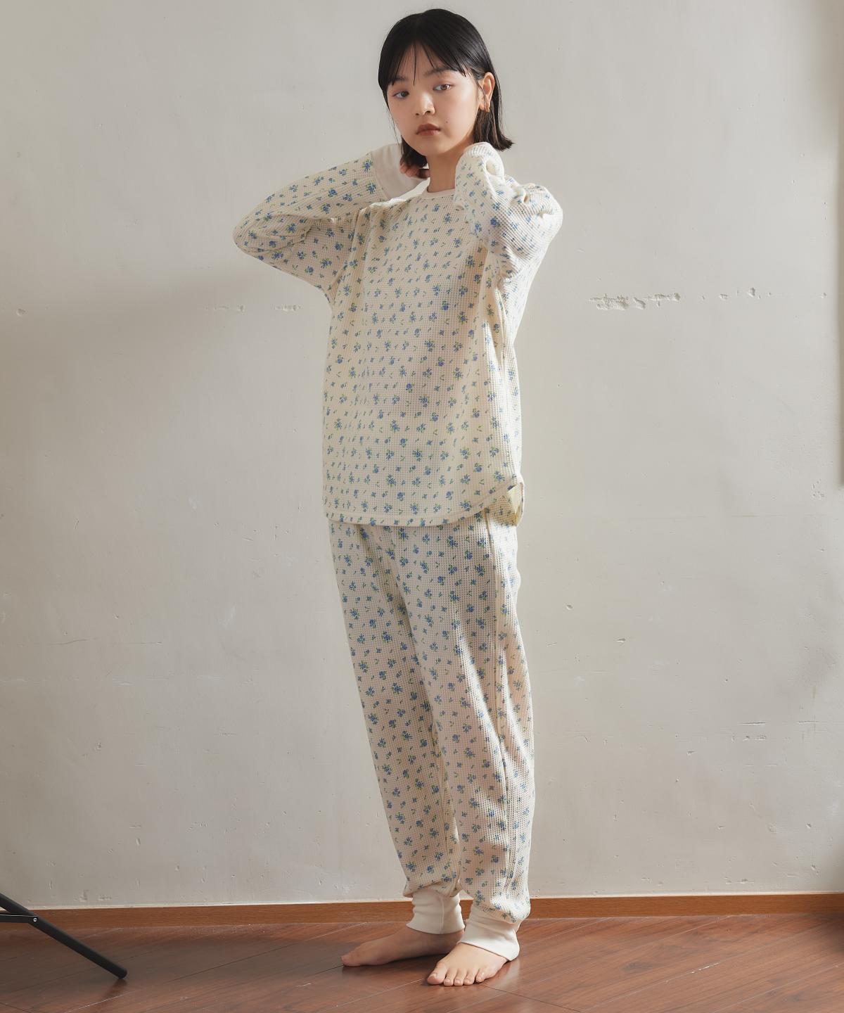 JEMORGAN 花柄ワッフルリラクシングルームウエア３Ｐセット　ロンＴ/ロングパンツ/巾着　