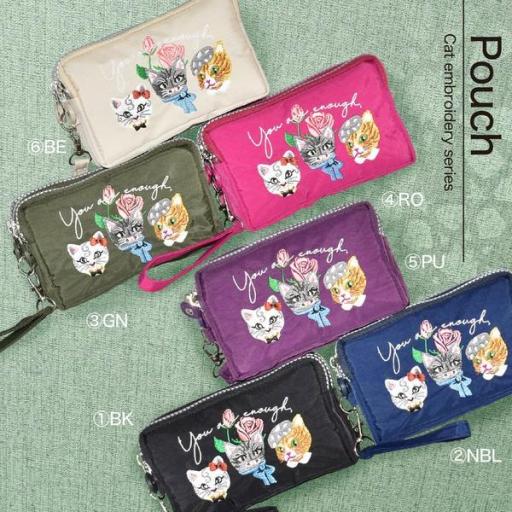 定番2025 新作 ポーチ 猫 刺繍 化粧ポーチ 小物入れ 3連ファスナー 3連ポケット ポーチ