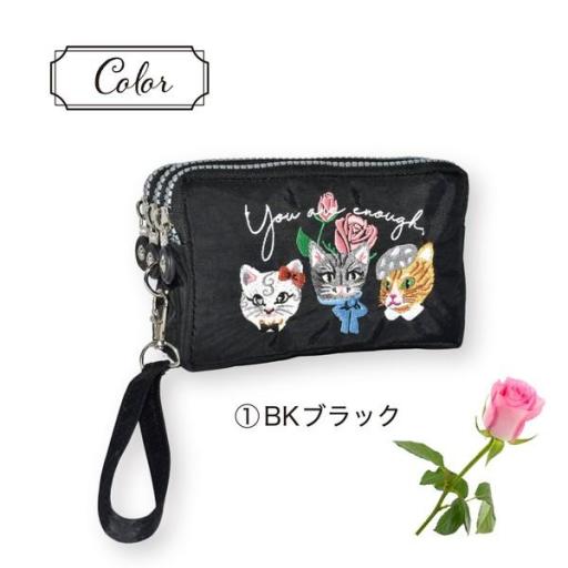 定番2025 新作 ポーチ 猫 刺繍 化粧ポーチ 小物入れ 3連ファスナー 3連ポケット ポーチ