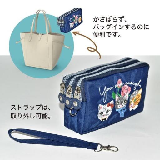 定番2025 新作 ポーチ 猫 刺繍 化粧ポーチ 小物入れ 3連ファスナー 3連ポケット ポーチ