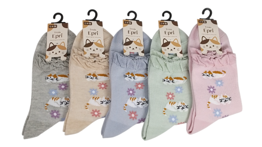 【日本製クルーソックス】　総メッシュセンターに猫と花