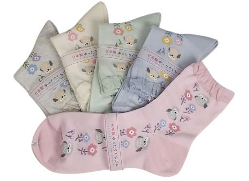 【日本製クルーソックス】　総メッシュセンターにフクロウと花